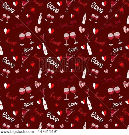 Valentine's Day Seamless Pattern With Flowers, Bottle, Glass, Hearts, Words And Love Letters. Perfec