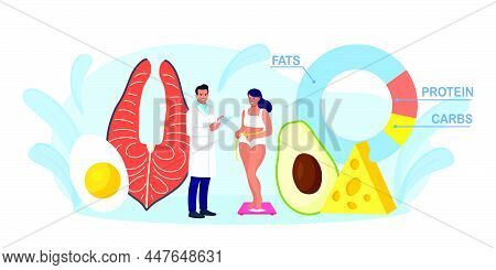 Ketogenic Diet. Woman Stands On Scale. Girl With Balanced Low-carb Food Vegetables, Fish, Avocado, C