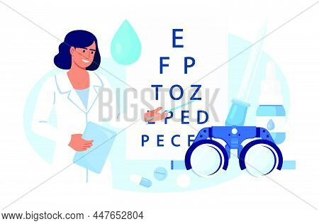 Doctor Ophthalmologist Standing Near Eye Test Chart. Ophthalmology Diagnostics, Checking Vision. Ocu