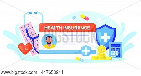 Medical Insurance Id Card With Big Shield, Stethoscope, Drugs, Money, Cardiogram. Protection Of Heal