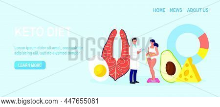 Ketogenic Diet. Woman Stands On Scale. Girl With Balanced Low-carb Food Vegetables, Fish, Avocado, C