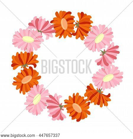 Flower Wreath. Pink And Red Gerbera Nature Flat Design Stock Vector Illustration For Web, For Print