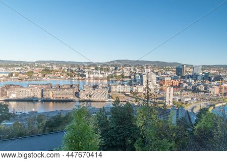 Oslo, Norway - September 25, 2021: Landmark View On City Centre Of Oslo As Seen From Viewpoint At Ek