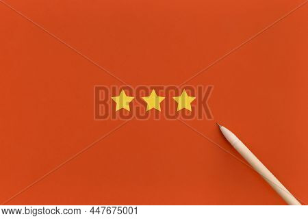 Three 3 Stars, Best Excellent Services Rating On Red Background.