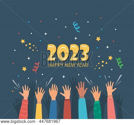 Raised Hands Of Happy People Celebrating New Year 2023. Crowd Of People At Party. People Celebrate. 