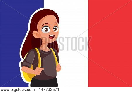 Student Girl Standing In Front Of French Flag Vector Illustration