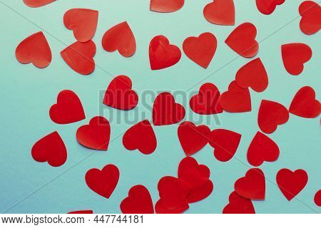 Valentine's Day. Frame Made Of Haerts Confetti On Blue Background. Valentines Day Background. Flat L