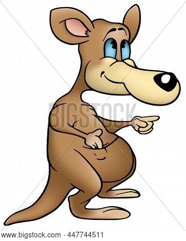 Cheerful Brown Kangaroo With A Big Pocket From The Side View - Colored Cartoon Illustration Isolated