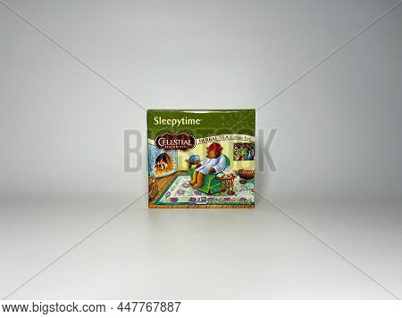 A Box Of Celestial Seasonings Sleepy Time Heral Tea On A White Background.