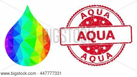 Red Round Dirty Aqua Stamp And Lowpoly Water Drop Icon With Spectrum Colorful Gradient. Triangulated