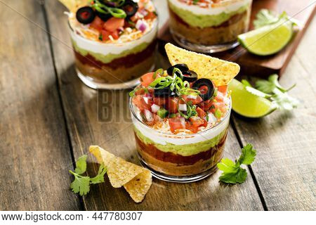 Seven Layer Dip In Individual Cups, Mexican Appetizer