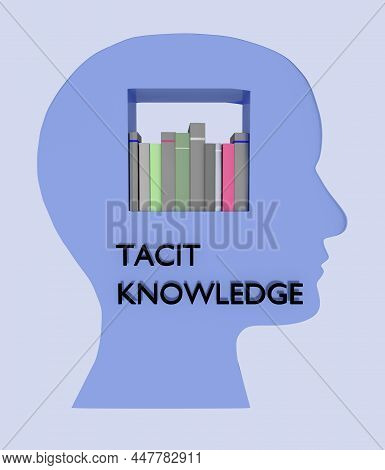 3d Illustration Of A Bookcase Inside A Head Silhouette With The Text Tacit Knowledge, Isolated Over 