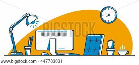 Place Of Work Office Table Desk Vector Flat Illustration Isolated Over White, Work From Home Comfort
