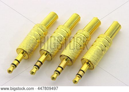 3.5mm Mini Jack For Connecting Audio Devices Close-up On A White Background.