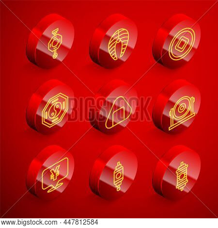 Set Line Chinese Paper Lantern, Fish Steak, Yuan Currency, Yin Yang, Sushi, Gong, And Icon. Vector