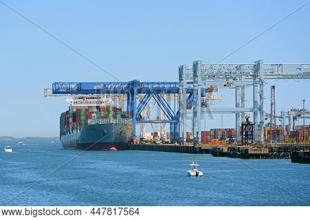 Boston, Usa - Jun. 17, 2016: Cosco Container Ship Cosco Genoa Docked At Massport In Boston Seaport D