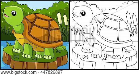 This Coloring Page Shows A Turtle. One Side Of This Vector Illustration Is Colored And Serves As An 
