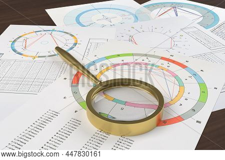 Astrological Charts With Symbols Of Planets, Zodiac Signs, Aspects On The Astrologer's Table, The Wo