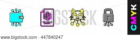 Set Cryptocurrency Wallet, Nft Contract, Digital Crypto Art And Cyber Security Icon. Vector