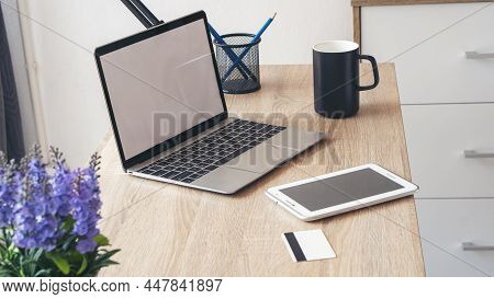 Business Executive Home Office Desk Background Concept. Business Computer Empty Home Office Table Wi