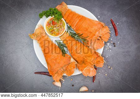 Flathead Lobster Shrimps Served On White Plate And Seafood Sauce, Fresh Slipper Lobster Flathead Boi