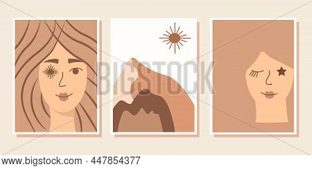 Abstract Modern Aesthetic Background, Portraits Of Beautiful Women With Long Hair. Neutral Nude Colo