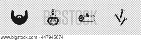 Set Mustache And Beard, Grapple Crane Grabbed Log, Wooden Logs And Metallic Nails Icon. Vector
