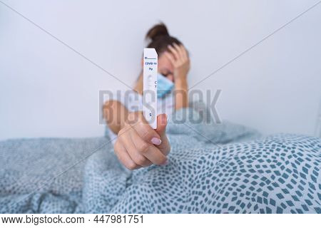 Sad Infected Woman Have Positive Rapid Covid Antigen Test Or Express Covid Test Result. Sick Woman W
