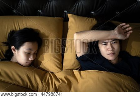 Asian Female People Is Suffering From Insomnia,anxiety,lose Sleep Over Something,stressed Worried Wo