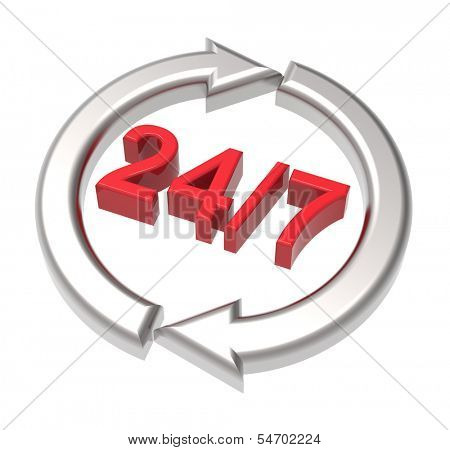 24 hours seven days a week sign over white. Computer generated 3D photo rendering.