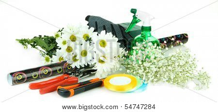 Composition with florist tools isolated on white