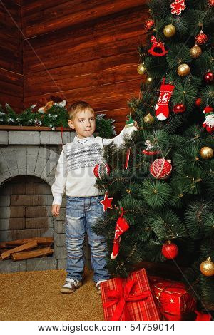 Boy, Christmas Tree And Gifts