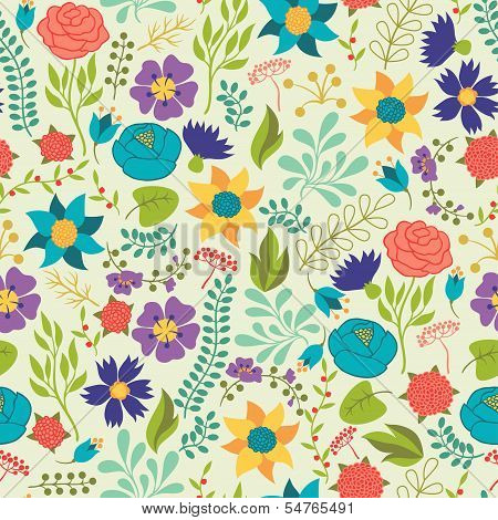 Romantic seamless pattern of various flowers in retro style.