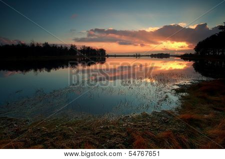 Sunset On Wild Lake In Forest