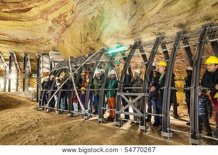 People Visit The Famous Schlossberghoehle Of Sandstone In Homberg