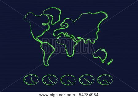 World Map And Time Zone Clocks, Business Going Global