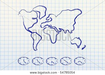 World Map And Time Zone Clocks, Business Going Global