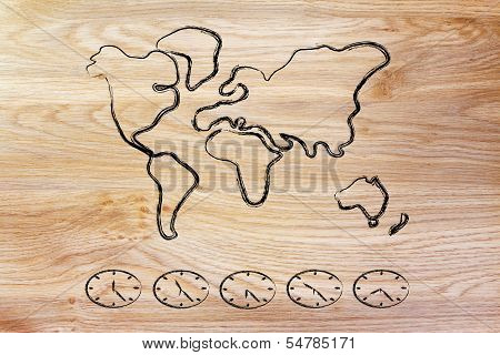 World Map And Time Zone Clocks, Business Going Global