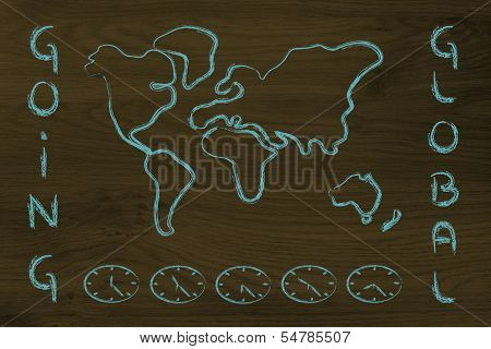 World Map And Time Zone Clocks, Business Going Global