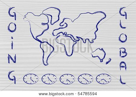 World Map And Time Zone Clocks, Business Going Global