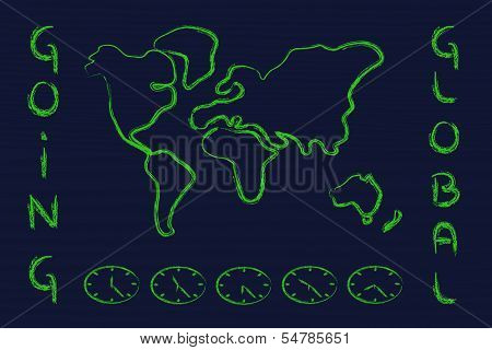 World Map And Time Zone Clocks, Business Going Global