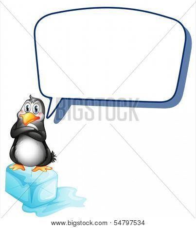 Illustration of a penguin above an ice cube with an empty callout on a white background