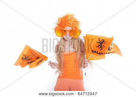 Young Girl With Orange Wig And Glasses Waving Flags