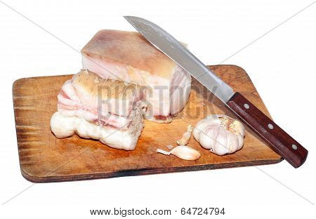 salted pork fat and Borodinsky rye bread isolated on white background