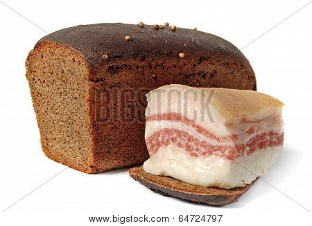 salted pork fat and Borodinsky rye bread isolated on white background