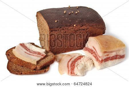 salted pork fat and Borodinsky rye bread isolated on white background