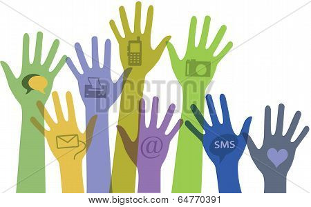 Set of hands with communication icons.