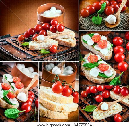 Mozzarella, tomatoes and bread. Italian food