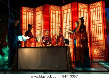 KUALA LUMPUR, MALAYSIA - FEBRUARY 23, 2015: Lighted lanterns and sculptures of characters from Chinese folklores decorate the grounds of Thean Hou Temple in celebration of the Chinese New Year.