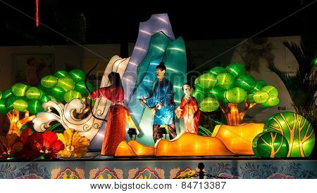 KUALA LUMPUR, MALAYSIA - FEBRUARY 23, 2015: Lighted lanterns and sculptures of characters from Chinese folklores decorate the grounds of Thean Hou Temple in celebration of the Chinese New Year.